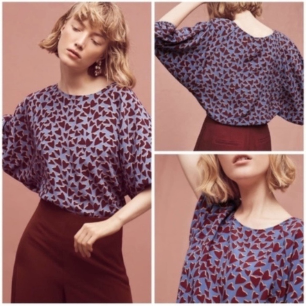 Anthropologie Blue & Red Heart Silk Kimono Top